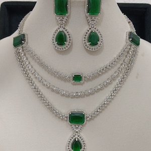 Multilayer green emerald necklace earrings statement American Diamond| Indian Jewelry Pakistani Wedding jewellery CZ Zircon| Prom jewelry