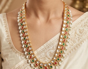 22ct Gold Plated Kundan Bridal Jewelry Set with Red Green Stones, Minakari Earrings