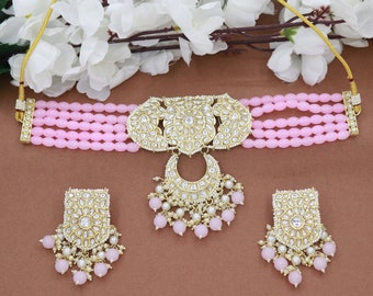 Kundan Choker Jewelry Set: Baby Pink Beads, Indian Bridal Necklace