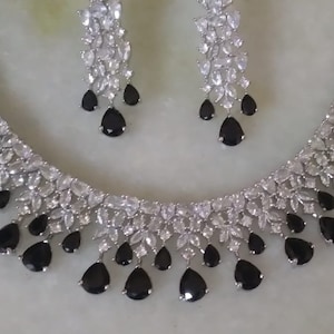 Black Crystal Necklace Earrings Set/ Silver CZ Diamonds Necklace Bridal Jewelry Set/ Party Wear Designer Gorgeous Necklace/ Bridesmaid Set