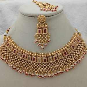 Indische Braut Halskette Ohrringe & Tikka Schmuck | 22 Karat Vergoldetes Rubin Polki Schmuckset: