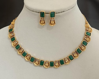 Emerald Green Bridal Jewelry Set: Gold Plated Indian Choker Necklace