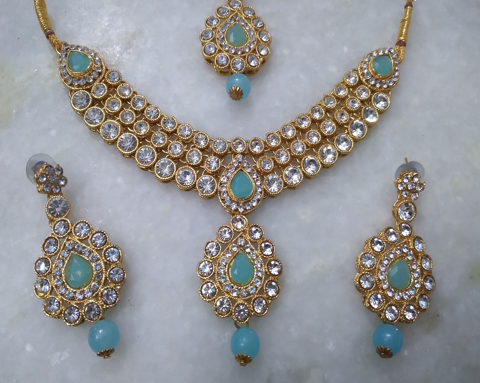 Gold Plated Kundan Turquoise Necklace Earrings Tika Jewelry - Etsy