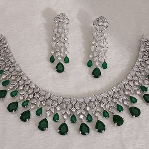 CZ Diamonds Silver Emerald Necklace Earrings Set, Bridal Necklace Earrings Antique Jewelry Set Statement Choker Necklace Earrings Engagement