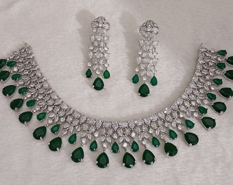 CZ Diamonds Silver Emerald Necklace Earrings Set, Bridal Necklace Earrings Antique Jewelry Set Statement Choker Necklace Earrings Engagement