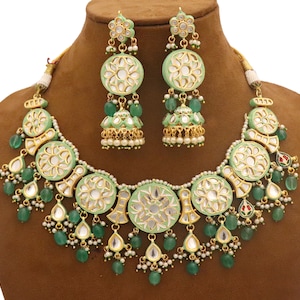 Kundan Necklace Earrings Jewelry Set, Gold Plated Minakari Jewelry Jewellery Set, Bridal Choker Engagement Choker Wedding Jewelry Set