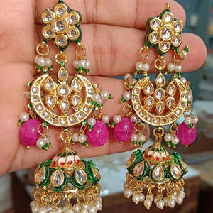 Brincos Kundan Jhumka, brincos de noiva de grife, conjunto de brincos de noivado, conjunto de joias de brincos indianos, presente perfeito para o noivado dela