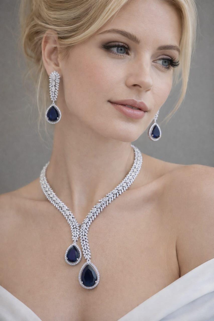 Sapphire Blue CZ Bridal Jewelry Set: Silver Plated Dangler Earrings