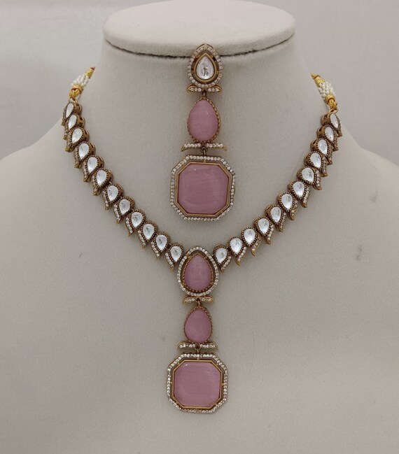 Bridal Choker Necklace Earrings Set: Pink CZ Diamond Antique
