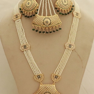 Gold Plated Jadau Necklace Earrings Tika Set: Pakistani Engagement Jewelry