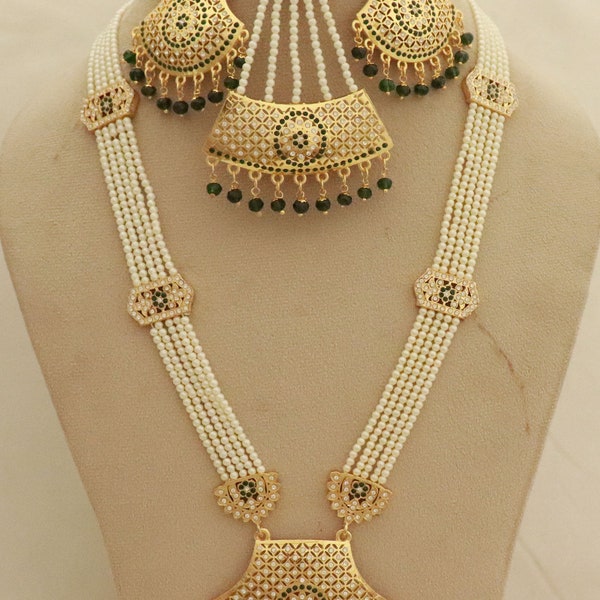 Jadau Necklace Earrings Tika Jhoomar Jewelry Set, Jadau Earrings Long Necklace Tikka Jhoomar, Engagement Passa Jewelry Set, Pakistani Set