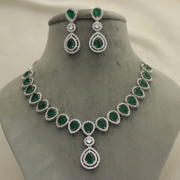 Celebrity Style Emerald Silver Necklace Earrings Jewelry Set/ Indian Bridal Green Necklace Jewelry Set/ Engagement Necklace Party Wear Set