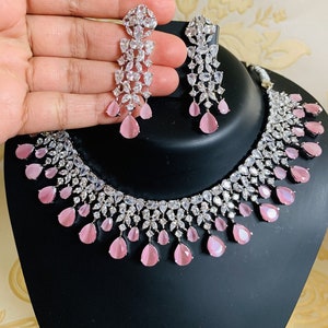 CZ Diamonds Necklace Earrings Set, Pink Bridal Necklace Earrings Antique Jewelry Set, Statement Choker Necklace Earrings, Engagement Set
