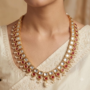 Gold Plated Long Indian Bridal Jewelry Set: Ruby Haram Necklace Earrings