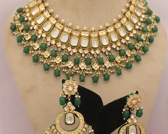 Nieuwe Kundan Indiase bruidssieradenset: vergulde ketting, oorbellen Tikka