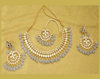Kundan Choker Necklace Earrings Tikka Set: Grey Beads, Indian Bridal Jewelry