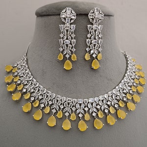 High Quality CZ Diamonds Haldi Necklace Earrings Set, Bridal Dangler Earrings, Bridal Choker, Engagement Necklace Earrings, Statement Piece,