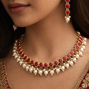 May include: A gold-toned necklace and earring set featuring teardrop-shaped red gemstones and white pearls. The necklace is a choker style, with the gemstones set in a gold frame. The earrings have a similar design.