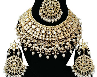 Kundan Bridal Jewelry Set: Gold Plated Choker, Earrings & Tika