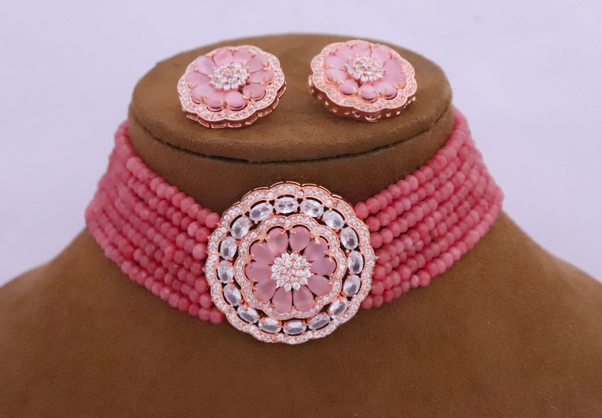 Pink - Handcrafted GS Fabart Choker Necklace Set 01