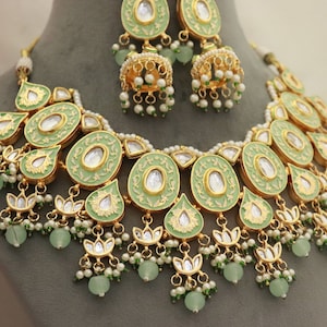 High Quality Kundan Mint Necklace Earrings Set, Bridal Dangler Earrings, Bridal Choker, Party Wear Necklace Earrings, Bridesmaid Jewelry,