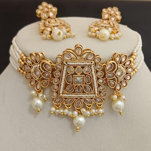 Vergoldetes indisches Braut Schmuck Set: Perlen Choker & Ohrringe