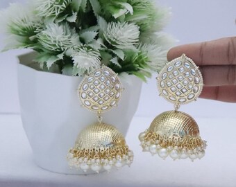 Jhumka Style Earrings Jewelry Set, Gold Plated Pearls Earrings Jewellery Set, Indian Earrings, Pakistani Earrings, Bridal Engagement Set