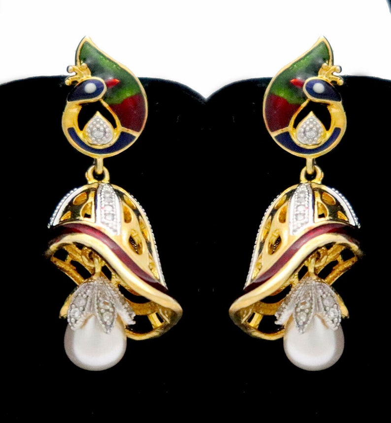 Indian Jewelry Earrings CZ Diamonds Pearls Gold Silver Plating Indian Bollywood Fashion Handmade Bridal Wedding Fashion Women Gift