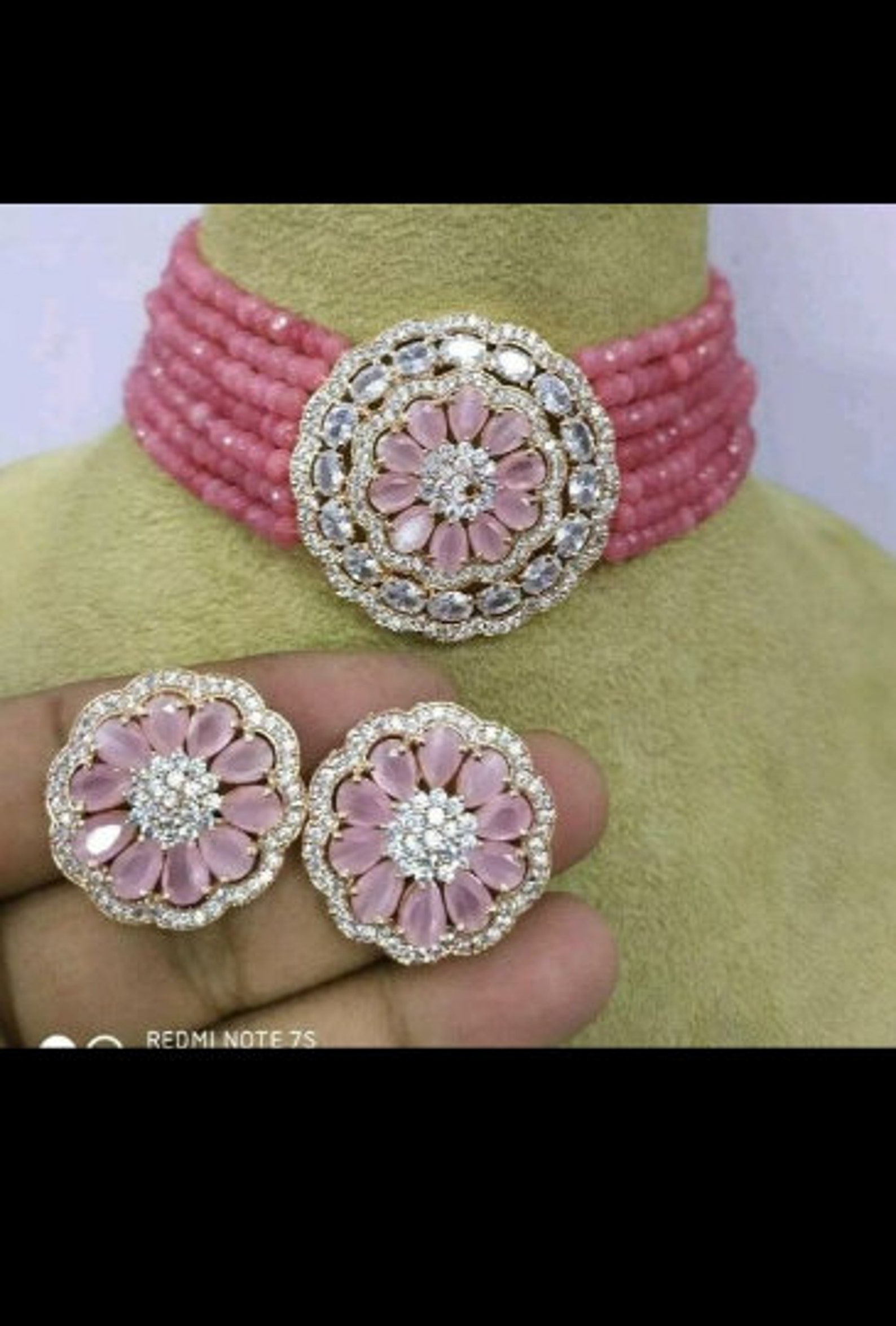 Pink - Handcrafted GS Fabart Choker Necklace Set 19
