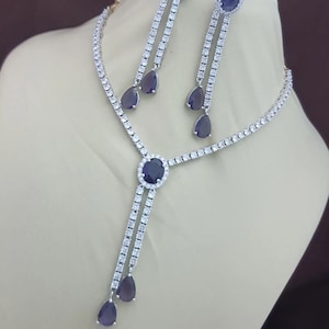 Purple CZ Necklace Earring Set: Bridal Dangler Jewelry