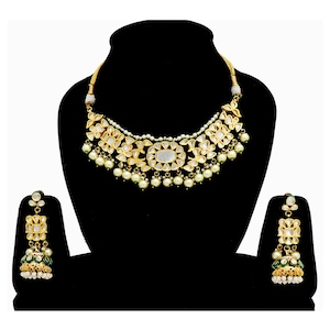 Sanaya Indian Jewelry Kundan Glass Pearls Necklace Earrings Jhumki Dangler Pearls Gold Plated Meenakari Mughal Art Bridal Engagement Jewelry