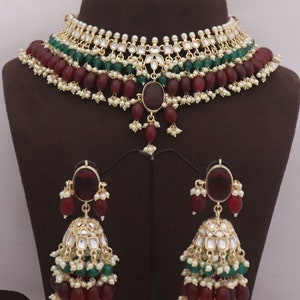 Indian Bridal Jhumka Earring Jewelry Set, Indian Bridal Necklace Choker Set, Maroon Beads Necklace Set, Indian Wedding Necklace Jewelry Set