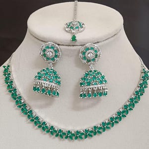 Emerald Green CZ Bridal Jewelry Set: Indian Wedding Necklace Earrings Tikka