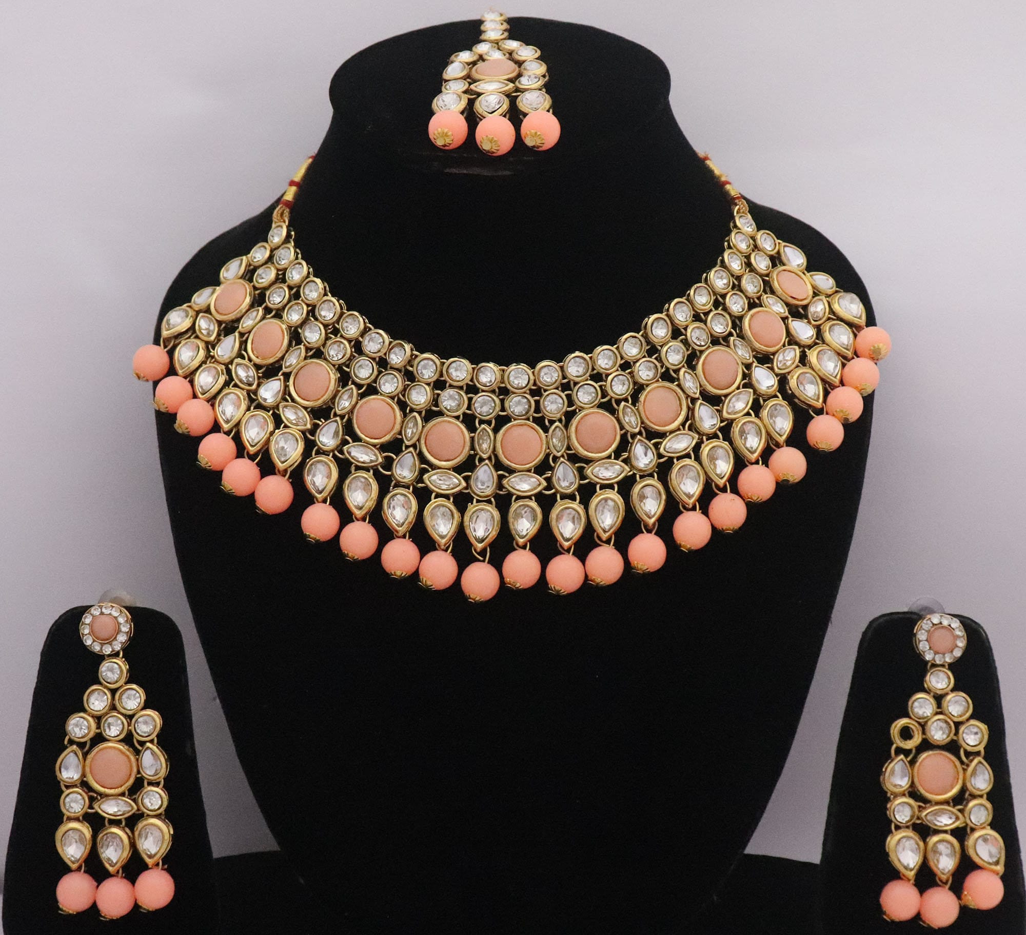 Peach colour sale bridal jewellery set