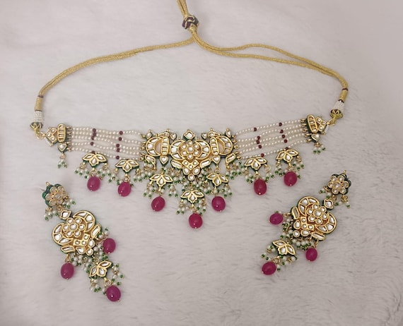 Bridal Kundan Choker Set: Gold Plated Indian Jewelry with Maroon Beads