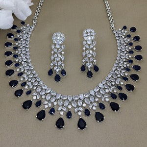 Antique CZ Diamond Necklace Blue Sapphire Necklace/ Indian Bridal Necklace Faux Diamonds Set/ Sapphire Diamond Necklace Gift For Her