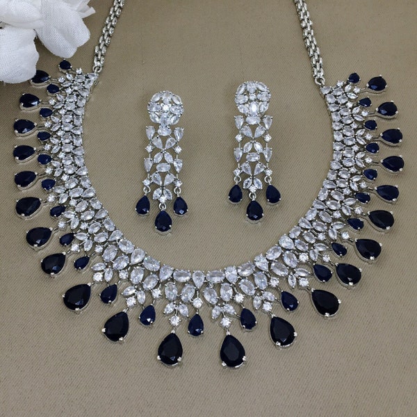 Bollywood Wedding Necklace CZ Diamond Blue Sapphire Jewellery Set: Indian Bridal Jewelry