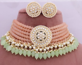 Peach Necklace Kundan Choker Studs Earrings Gold Plated Indian