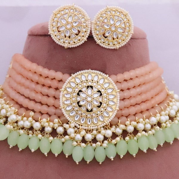 Peach Necklace Kundan Choker Studs Earrings, Gold Plated Indian Bridal Choker Jewelry Set, Pakistani Wedding Fashion Statement Jewellery