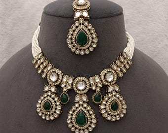 Kundan Bridal Choker Emerald Jewelry Set: Pearls Necklace Earrings Tikka, Engagement Jewellery
