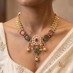 Gold Plated Polki Necklace, Traditional Indian Kundan Jewelry, Multicolor Green Ruby Bridal Statement Necklace
