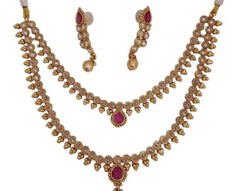 Conjunto de collar y pendientes Ruby Polki: joyería india bañada en oro de 22 quilates