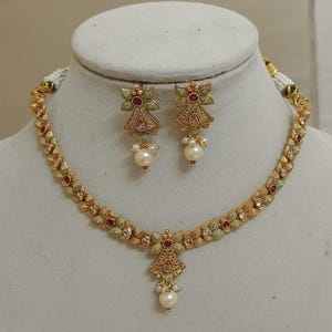 gold plated bridal ruby necklace earrings jewelry| indian bridal necklace| gold plated bridal bridesmaid necklace earrings south jewelry|