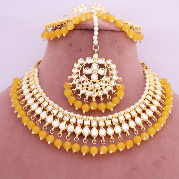 Indian Kundan Mehendi Jewelry Choker Set, Necklace Earrings Tika Jewellery, Gold Plated Necklace Set, Bridal Engagement Fashion Handmade Set