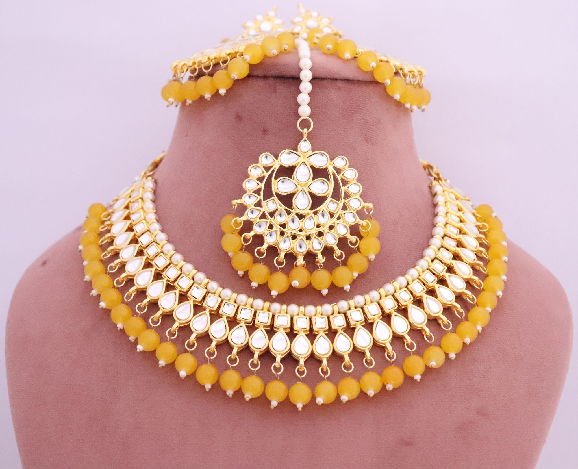 Buy Ratanshala - Semi Precious Gemstone Yellow Crystal Beads 5 Layer  Necklace with Stud Earring Multi Strand Yellow Colour 16