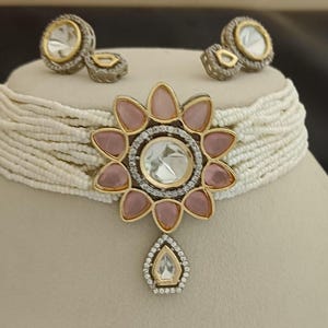 CZ Pearl Choker Necklace Earrings Set: Indian Bridal Jewelry