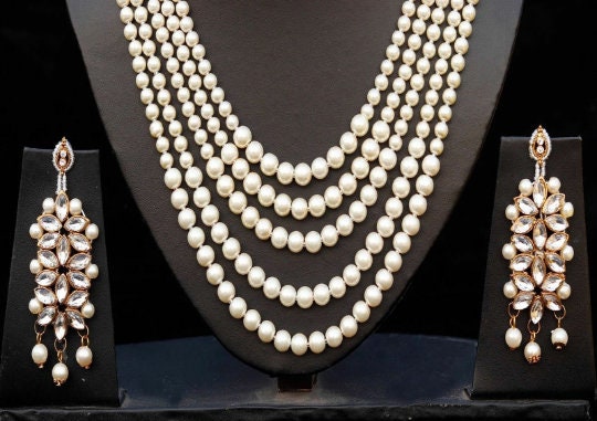 5 Layers Pearls Necklace Earrings Mang Tika CZ Stack Long Rani - Etsy