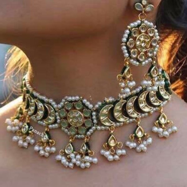 Minakari Kundan Choker Necklace Earrings Jewelry Set, Gold Plated Bridal Punjabi Necklace Earrings Jewery Set, South Indian Hyderabadi Set