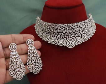 CZ Diamonds Choker Collier Boucles d’oreilles Ensemble/ Collier de mariée Boucles d’oreilles Ensemble de bijoux en argent/ Boucles d’oreilles collier cadeau fête des mères/ Ensemble de fiançailles