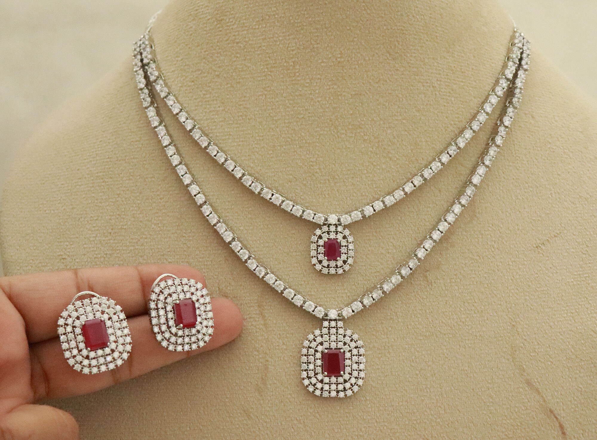 indiankundanjewelry CZ Diamonds Necklace Earrings Set